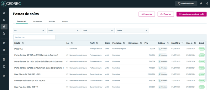 Postes de coûts option chiffrage